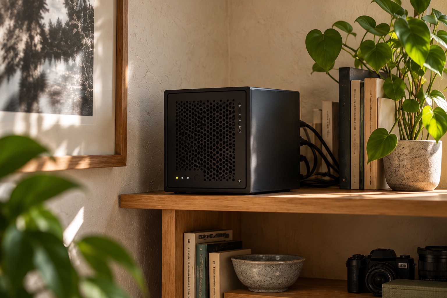 Illustrative home-server setup on an oak shelf