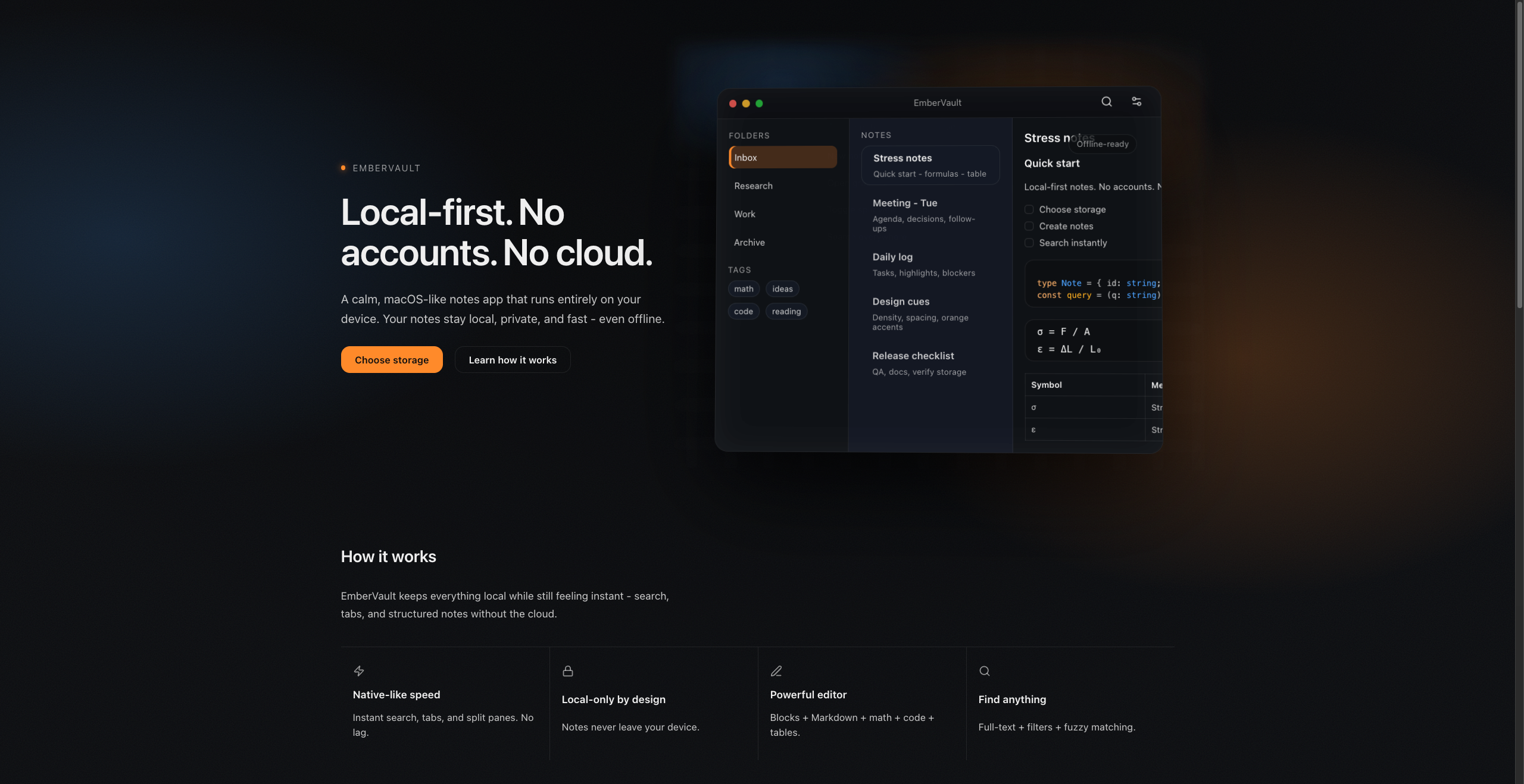 EmberVault editor with note navigation and local-workspace controls